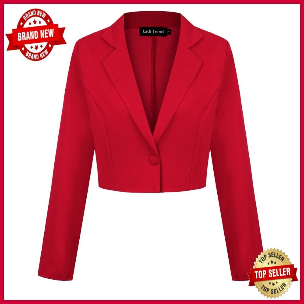 Cropped Blazer Notch Lapel Long Sleeve Button Front Work Office Casual